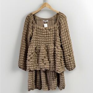 NWT Simply Southern Medium Tan Bubble Babydoll Dress Ruffle Long Sleeve Texture